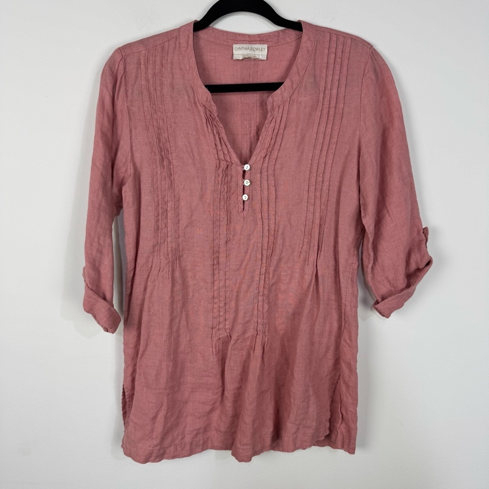 Cynthia Rowley Pink 100% Linen Long Sleeve Top Coastal